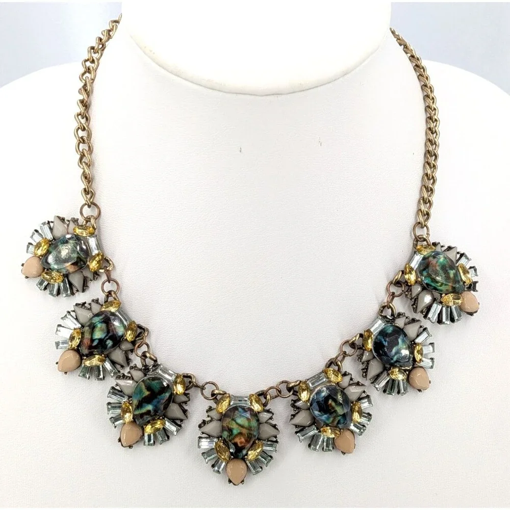 Statement Bib Necklace Multicolor Rhinestone Art Deco Floral Gold Tone 19 Inch
